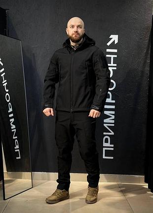 Костюм тактический усиленный soft shell черный black съемный капюшон 3xl