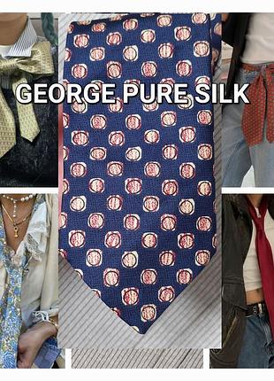 Шёлковый винтажный синий галстук в анимаоистический принт унисекс george pure silk