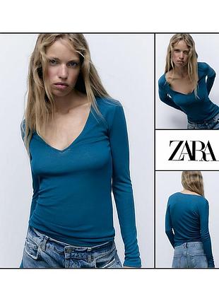 Блуза топ xs-s zara итальялия женская базовая зеленая трикотажная в рубчик кофта кофтонка джемпер лонгслив свитер реглан пуловер женский синий зеленый