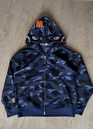 Кофта чоловіча bape синя камуфляжна з капюшоном на змійці