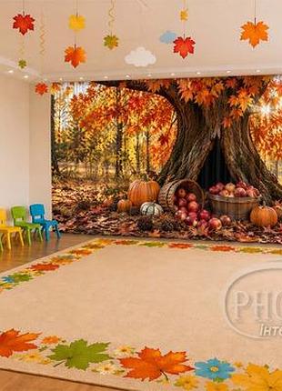 Осенние фотошторы «тыквы и яблоки под осенним деревом» на заказ для детского сада, школы и фотозоны, 1 м²