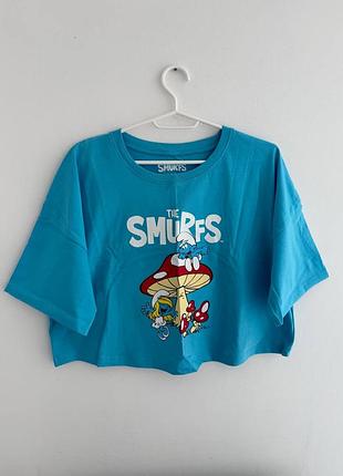 Футболка оверсайз укороченная со смурфиками primark