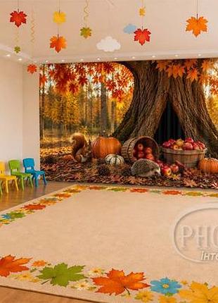 Осенние фотошторы «тыквы и яблоки под осенним деревом с…» на заказ для детсада, школы и фотозоны, 1 м²