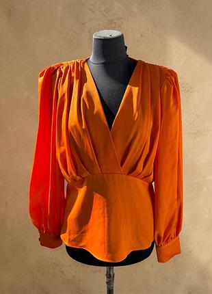 Яскраво-помаранчева блуза river island на запах з об'ємними рукавами / нова з біркою, р. 40 (l)