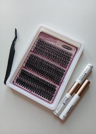 Великий стартовий набір пучкових вій для diy нарощування «natural curl» + клей bond & seal + ремувер + пінцет