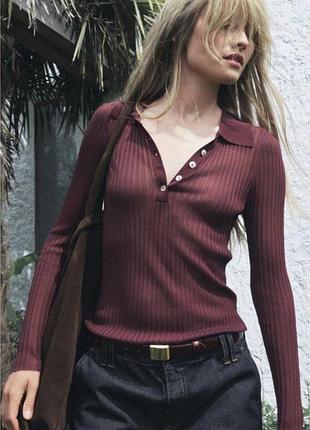 Тонка трикотажна бордова кофта з ґудзиками та коміром zara