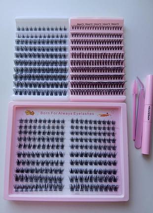 Набір пучкових вій для самостійного нарощування вдома born for always eyelashes (мікс довжин 8-16 мм + клей-фіксатор bond & seal + пінцет і щіточка)