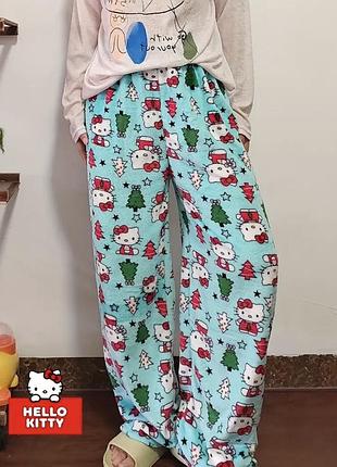 Трендові штани hello kitty жіночі | широкі штани хелоу киті чоловічі m-l, бірюзовий