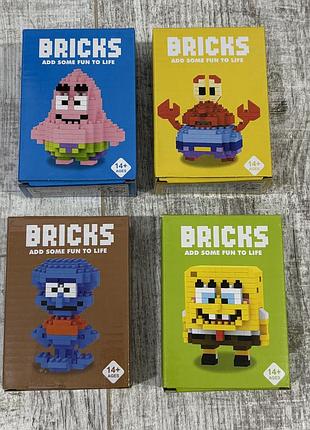 3d мини-конструктор bricks: набор «губка боб и его друзья», 4 фигурки (662 детали)