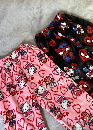 Плюшеві штани hello kitty&spiderman | трендові штани хелоу киті oversize s-l, рожевий