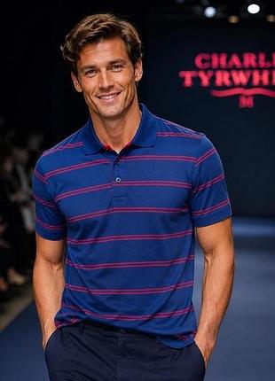 Футболка поло мужская charles tyrwhitt, темно-синяя в красную полоску, размер m, 100% батав...