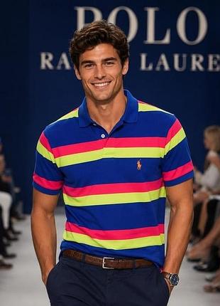 Футболка поло мужская polo ralph lauren, разноцветная в полоску, l, 100% хлопок