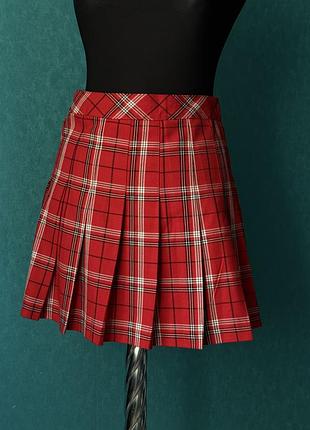 Трендова червона спідниця плісе в клітинку (тартан) h&m — стиль preppy / tennis skirt s ромів