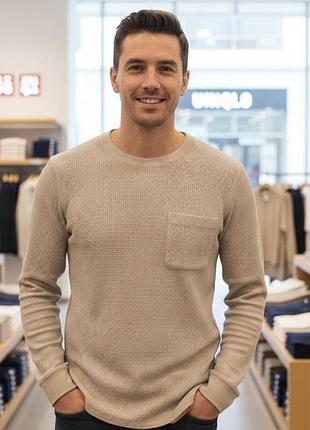Лонгслів чоловічий uniqlo, бежевий, розмір m, вафельна бавовна