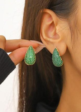 Серьги в стразах зеленые капли, 2976-1