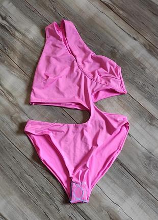 Яскраво-рожевий суцільний купальник монокіні asos design на одне плече з вирізами, розмір m (uk 12 / eu 40 / l)
