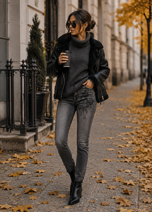Стильные серые джинсы с вышивкой 🌿 skinny fit, стрейч
