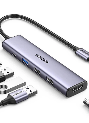 Usb-хаб ugreen cm478 usb-c to hdmi 4k@30hz+usb 3.0+2xusb 2.0 a+pd power port space grey