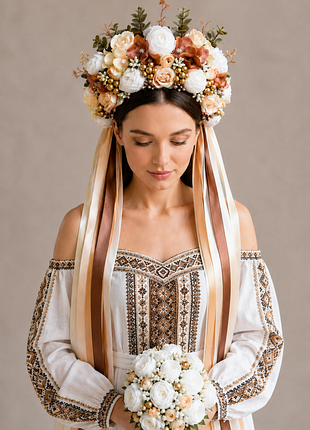 Квітковий український вінок зі стрічками карамельно-бежевий для весілля, фотосесій та виступів