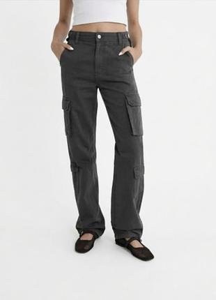 Женские карго брюки stradivarius 38 m серые хлопковые cargo wide leg