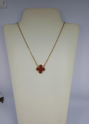 Роскошная подвеска клевера в стиле van cleef (бордовая/ сердечник), чокер, кулон золотой 2