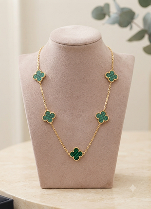 Роскошный колье клевер в стиле van cleef (5 мотивов, зеленый малахит), золотая цепочка