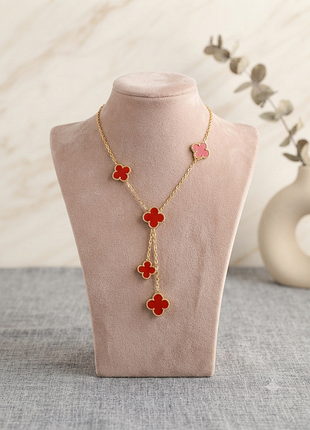Роскошный колье-каватка клевера в стиле van cleef (бордовый/сердечник), золотая цепочка