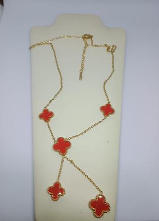Роскошный колье-каватка клевера в стиле van cleef (бордовый/сердечник), золотая цепочка 4