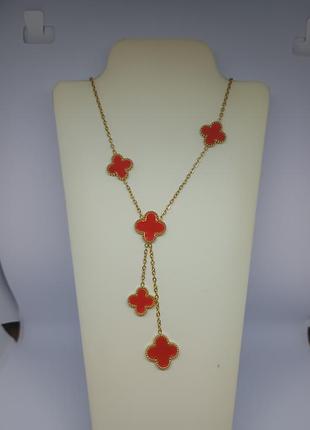 Роскошный колье-каватка клевера в стиле van cleef (бордовый/сердечник), золотая цепочка 2