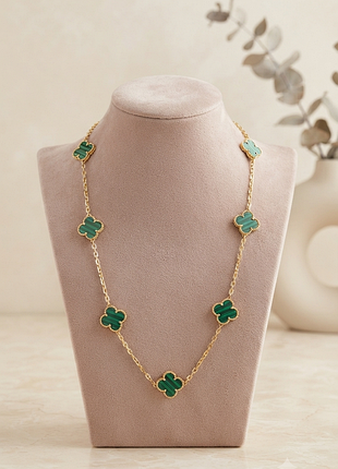 Розкішне довге колье в стилі van cleef (ван кліф) — зелена конюшина, 7 мотивів, золотий ланцюжок