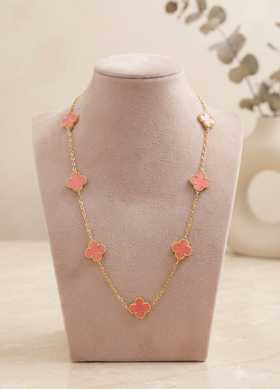Нежное длинное колье в стиле van cleef (ван клиф) - розовый клевер, 7 мотивов, золотая цепочка