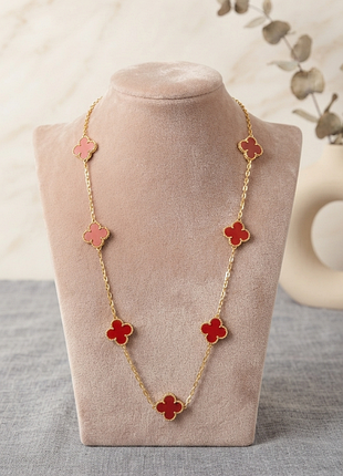 Розкішне довге колье в стилі van cleef (ван кліф) — червона конюшина, 7 мотивів, золотий ланцюжок