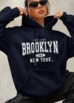 Худи женское темно-синее оверсайз с капюшоном, толстовка brooklyn new york с карманом кенгуру, спортивное худи с длинным рукавом, повседневный стиль