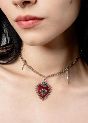 Массивное ожерелье сердце, готика, хэллоуин, панк, готическое ожерелье, кулон сердце, подвеска глаз
