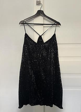 Коротка чорна сукня з паєтками на тонких бретелях new look