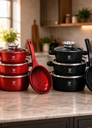 Набір каструль та сковорода top kitchen tk-00076 з антипригарним покриттям 7 предметів + 6 силіконових прихваток