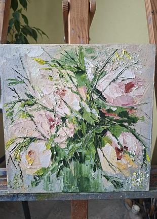 Картина маслом «нежные пионы» 25×25 см | оригинал