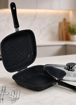 Сковорода-гриль двухсторонняя top kitchen tk00097 с решеткой и крышкой 28×22 см
