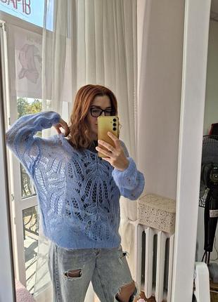 Женская итальянская однотонная кофта oversize. ажурная вязка. голубая. мохер. one size