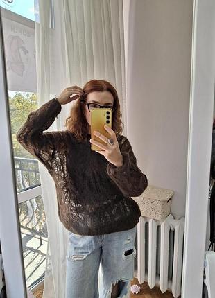 Женская итальянская однотонная кофта oversize. ажурная вязка. коричневая, шоколадная. мохер. one size