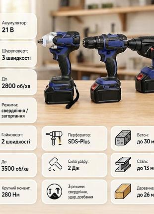 Набір акумуляторних інструментів 3в1, 21 в — шуруповерт, гайковерт та перфоратор