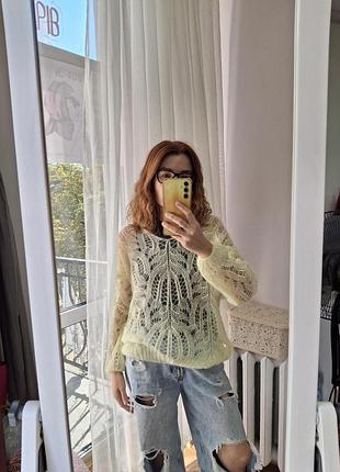 Женская итальянская однотонная кофта oversize. ажурная вязка. желтый, сливочный. мохер. one size