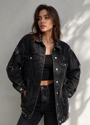 Чорна джинсова куртка оверсайз zara оригінал рвана джинсовка подовжена демісезонна куртка