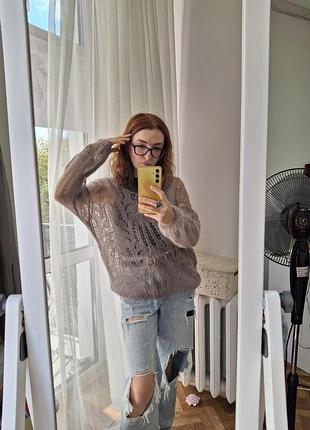 Женская итальянская однотонная кофта oversize. ажурная вязка. мокко. мохер. one size