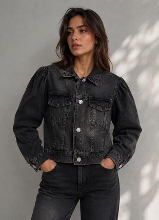 Джинсова куртка графітова primark denim co з об'ємними рукавами буфами та стразами розмір s