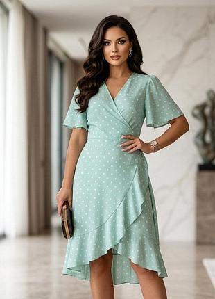 Сукня  з підкладуою ,з рюшами на запах  в горошок бренду in the style 🌸
напівобхват грудей-60 см;
довжина виробу -106 см;
довжина рукава-25 см
