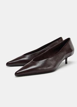 Коричневі туфлі zara , kitten heel zara , кіттен хід зара