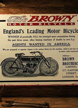 Металева вінтажна табличка "the browny motor bicycle/ретро мотоцикл", постер, 14х20 см