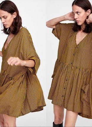 Легку та мегакомфортн сукня від zara в  горчично-жовтому кольорі в дрібну чорну клітинку