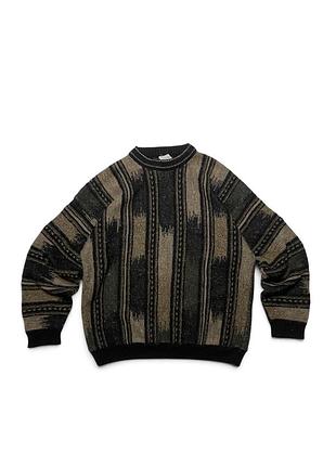 Чоловічий вінтажний светр coogi style з геометричним орнаментом чорний/бежевий l